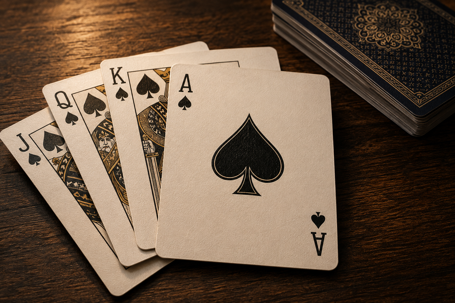 Spades cards arranged on a wooden table